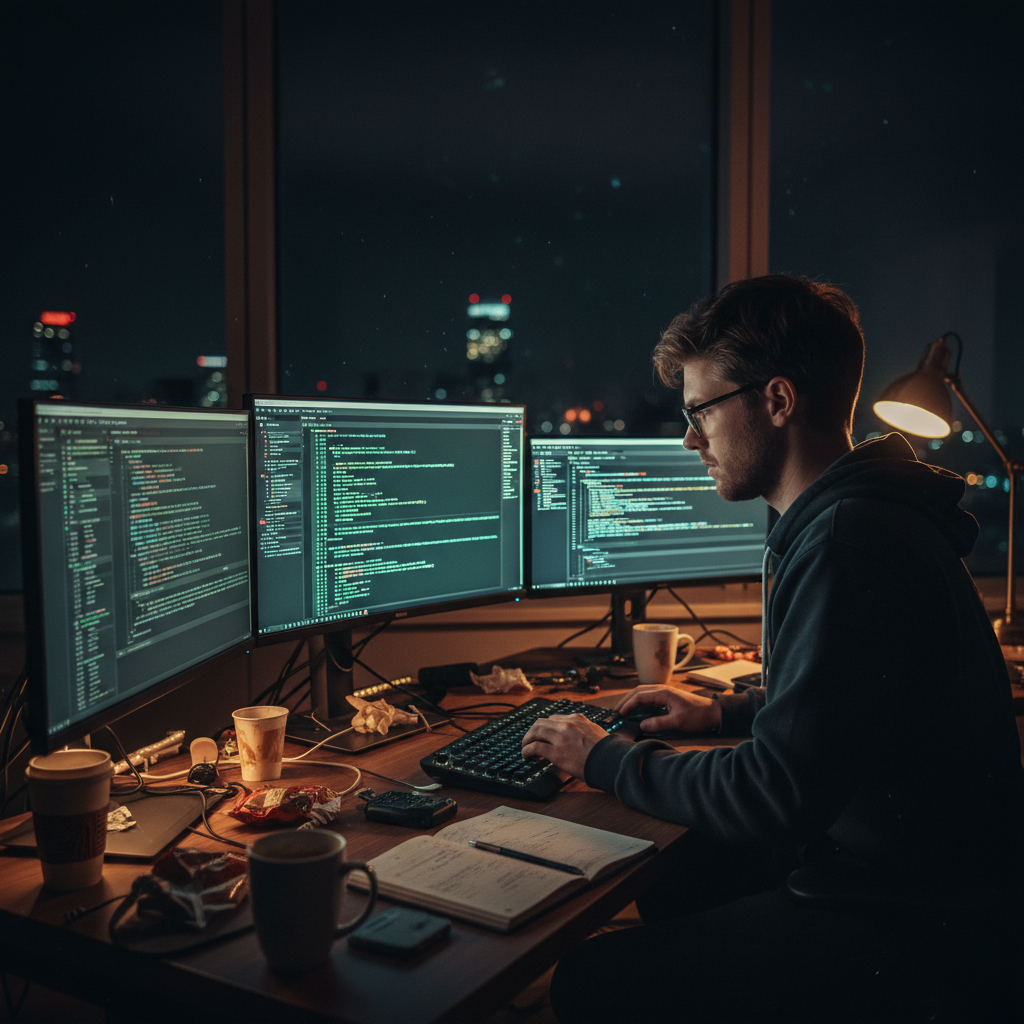 Developer intensely debugging code on multiple screens, night-time office lighting, deep focus, photorealistic.