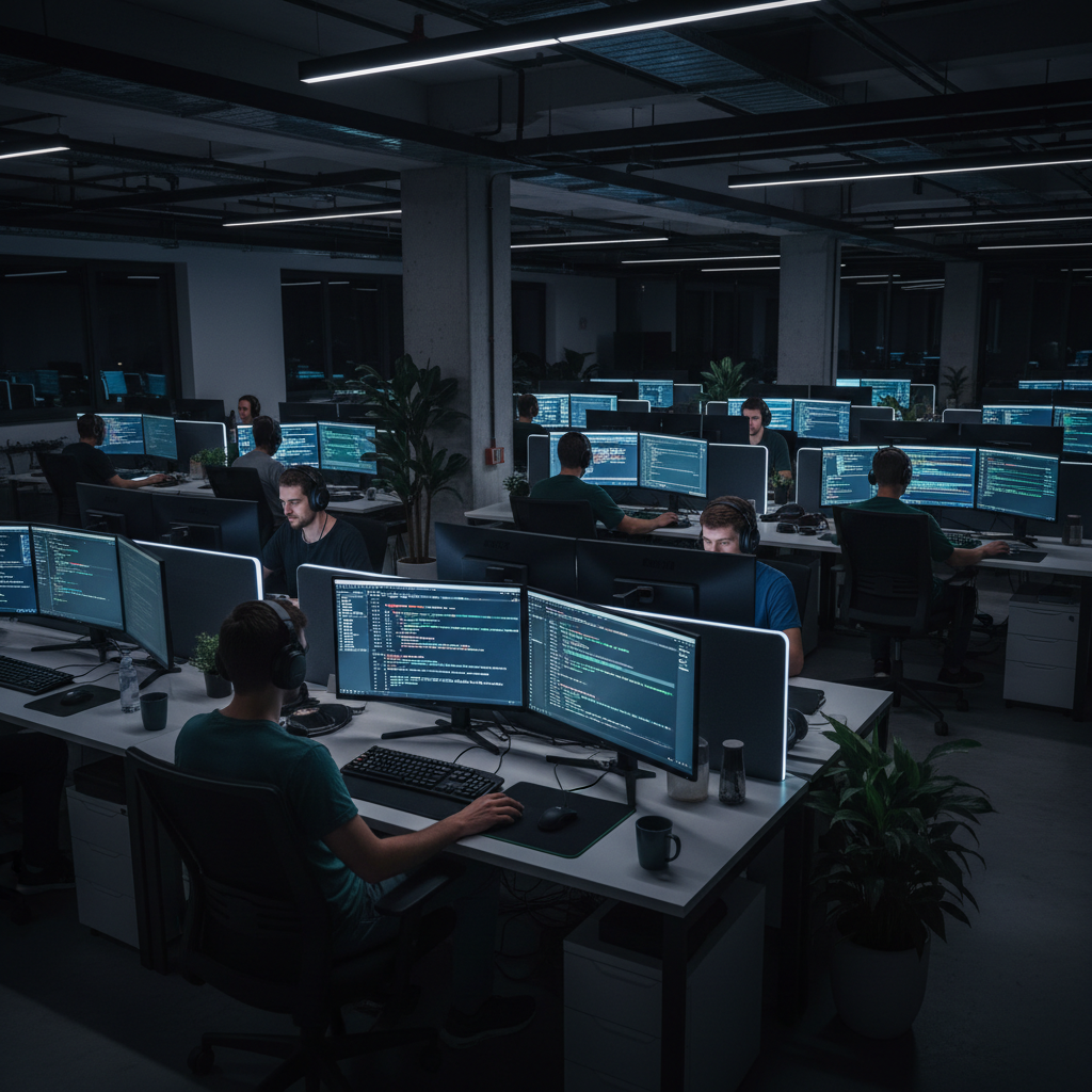 Developers coding on multiple monitors in an IT office, dark mode screens, focused atmosphere, modern workspace