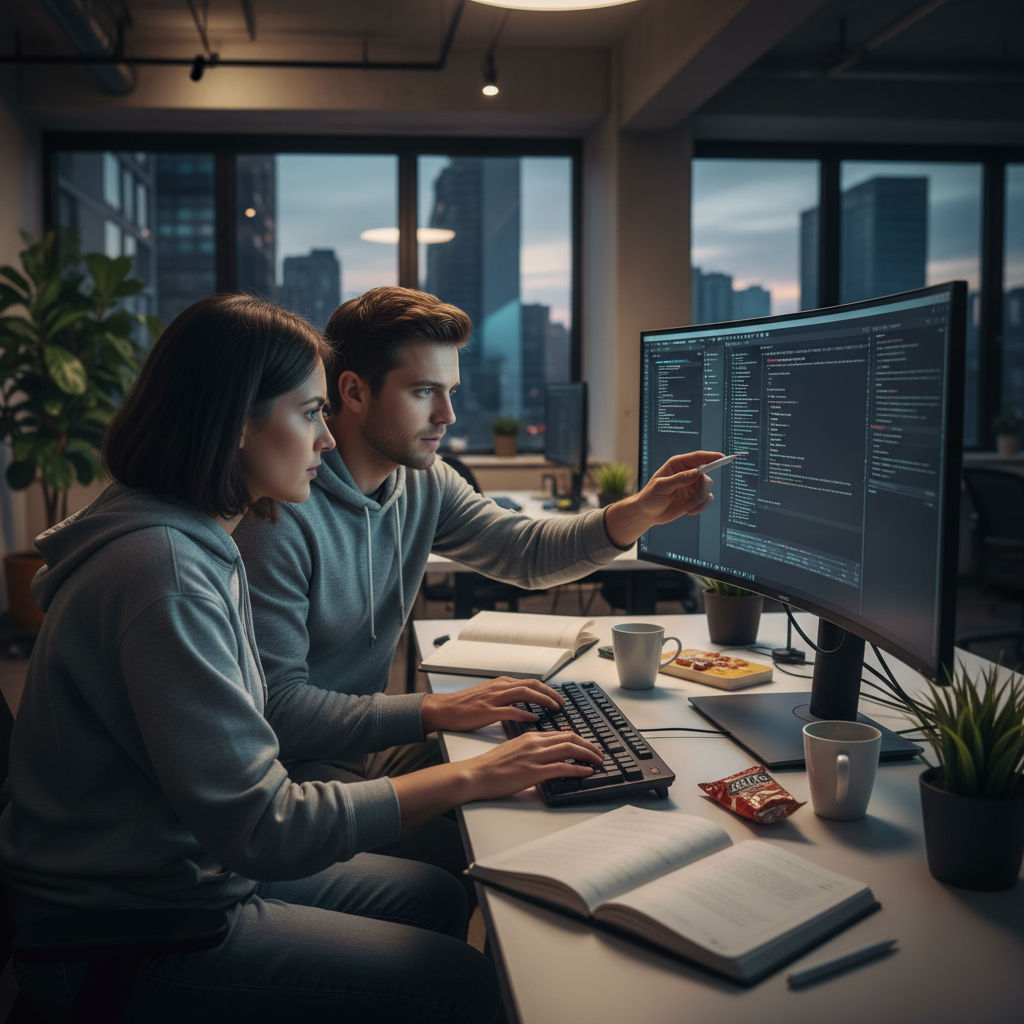 Developers collaborating in a pair-programming session, two people at one workstation, focused coding activity.