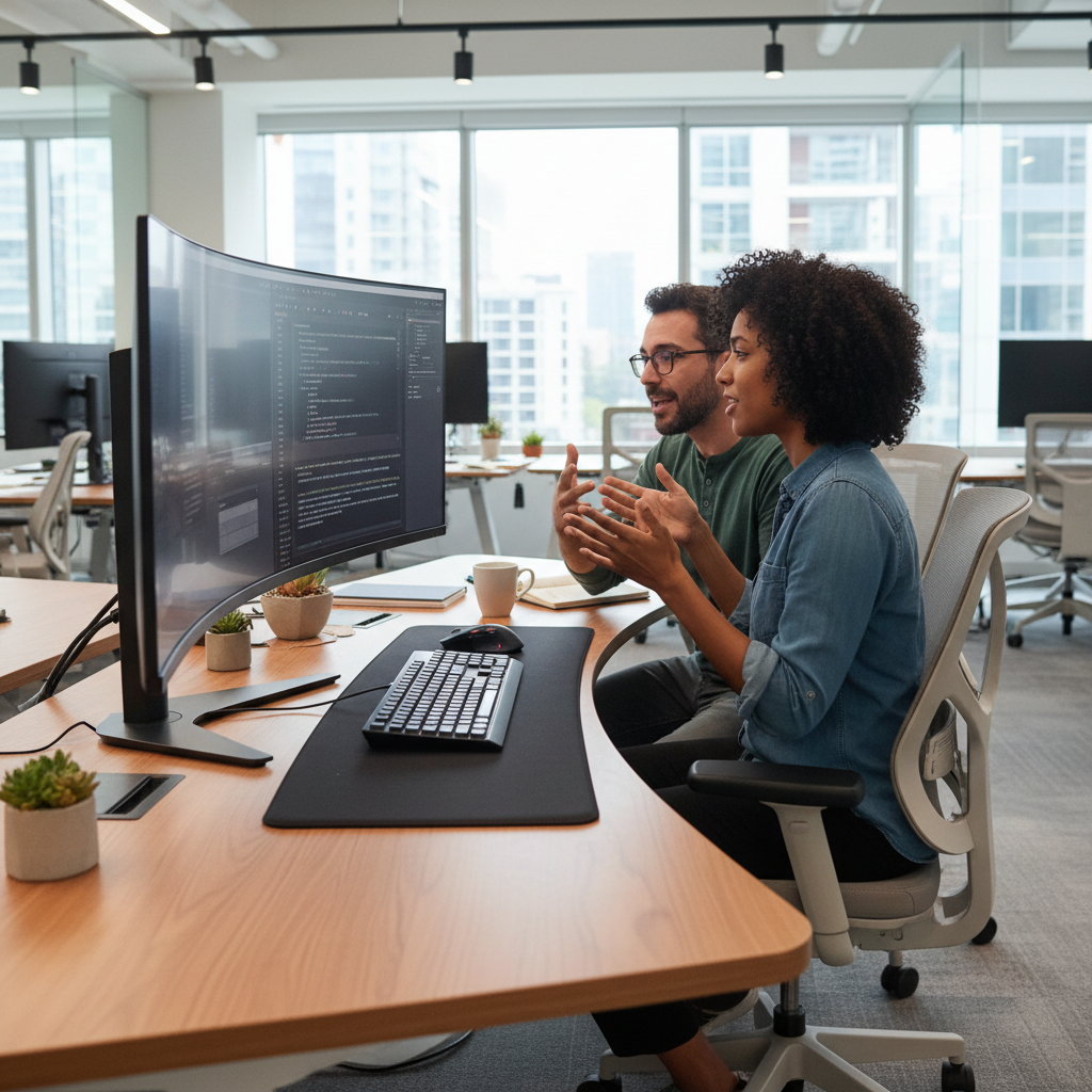 Developers pair-programming on a single workstation, engaged conversation, modern ergonomic office setup