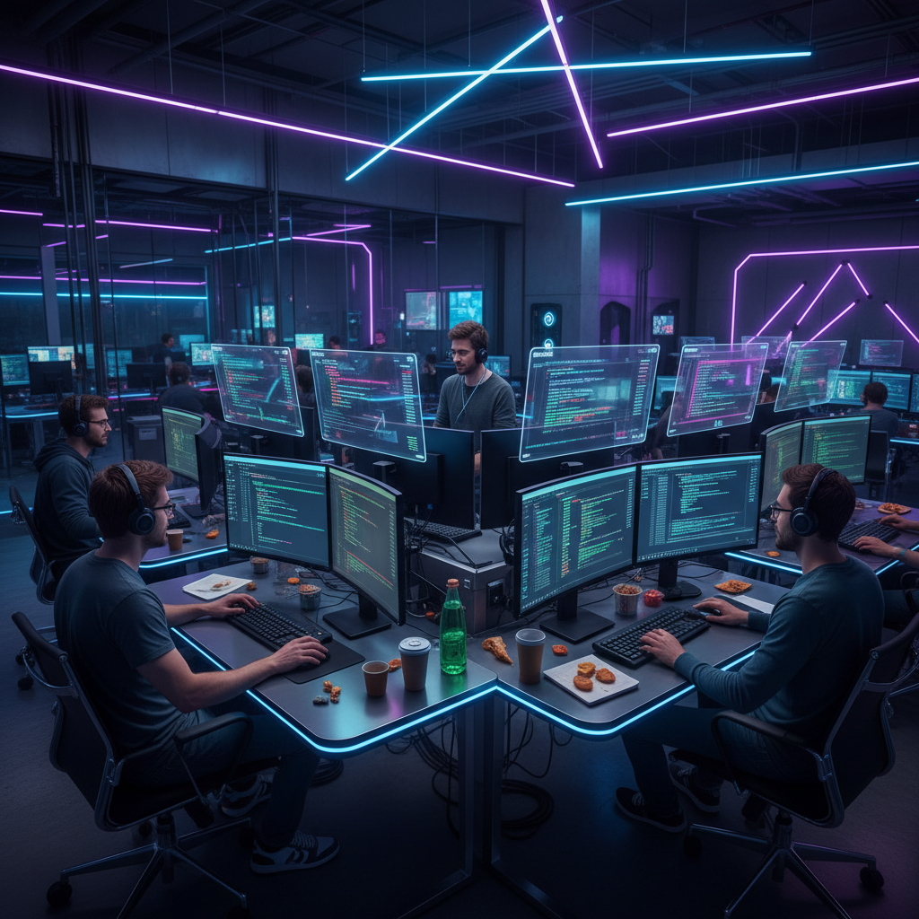 Developers participating in a coding sprint, multiple monitors, dark theme IDE screens glowing, teamwork vibes, neon reflections, futuristic office design