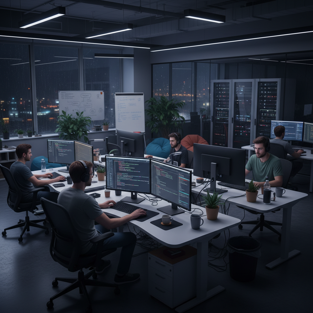 Developers working on multiple screens with code visible, dark mode IDE, focused expressions, modern IT workspace, tech startup office, high-detail, realistic lighting