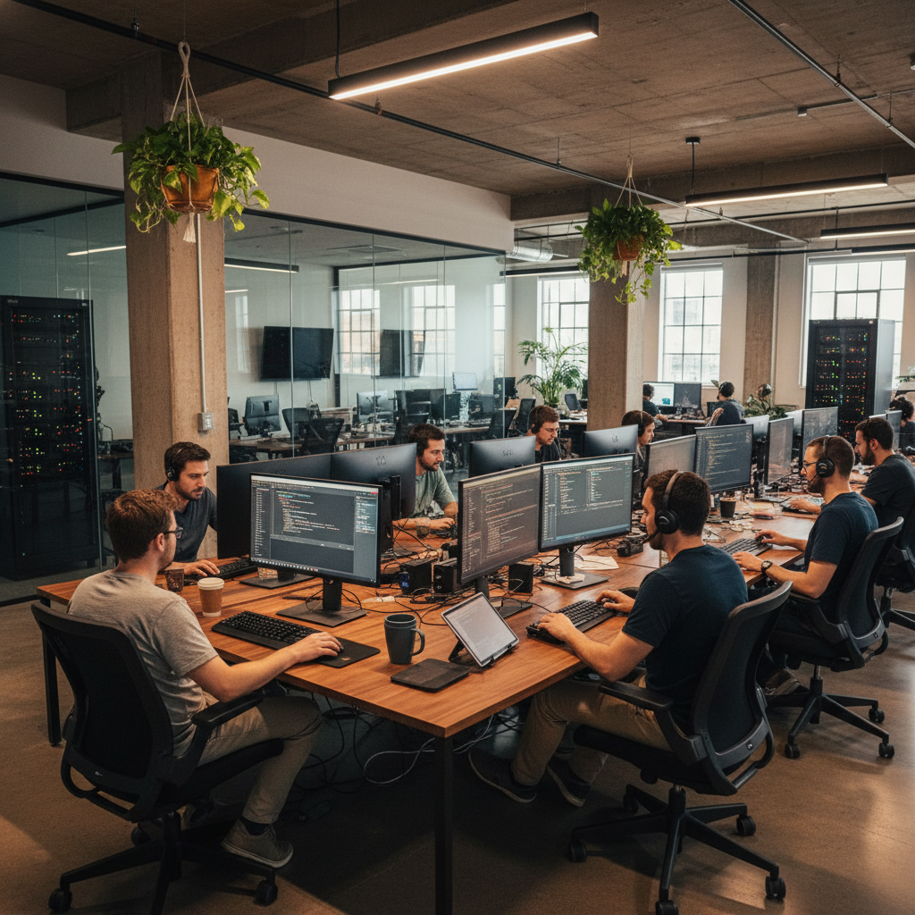 Developers writing code together in an open office, dual-monitor setups, ergonomic chairs, real-time collaboration, high-tech workstation vibe.