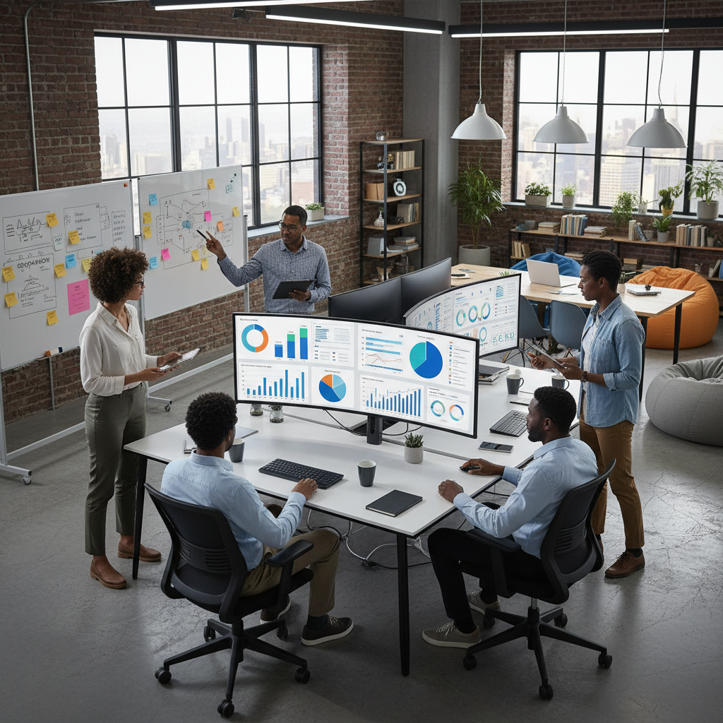 Digital marketing team in an IT office analyzing campaign performance on dashboards, charts and graphs on large screens, professional yet creative atmosphere, modern workspace, realistic style