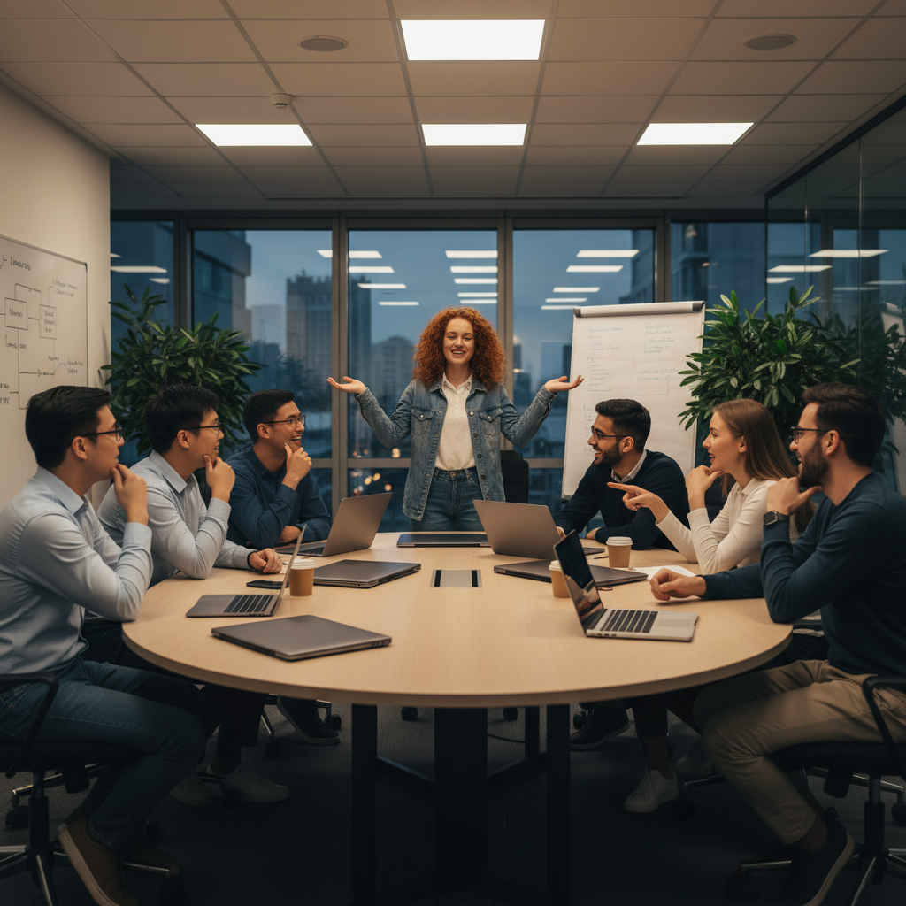 Diverse group of software engineers in a conference room within an IT office, sitting in a circle playing 'Two Truths and a Lie' team building game, one person gesturing animatedly while others guess and laugh, laptops closed on the table, relaxed and bonding atmosphere, warm office lighting