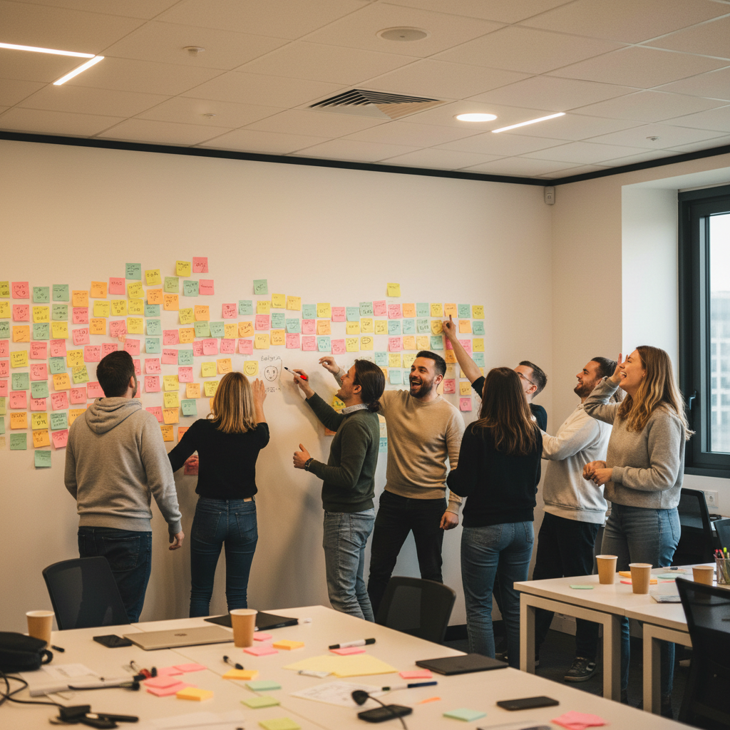 Employees participating in a fun team-building activity inside an IT office, sticky notes on wall, laughter, casual vibe, soft lighting