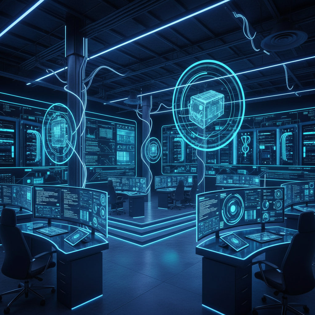 Futuristic IT operations room with large digital dashboards, blue neon accents, advanced server monitoring screens, high-tech ambience.