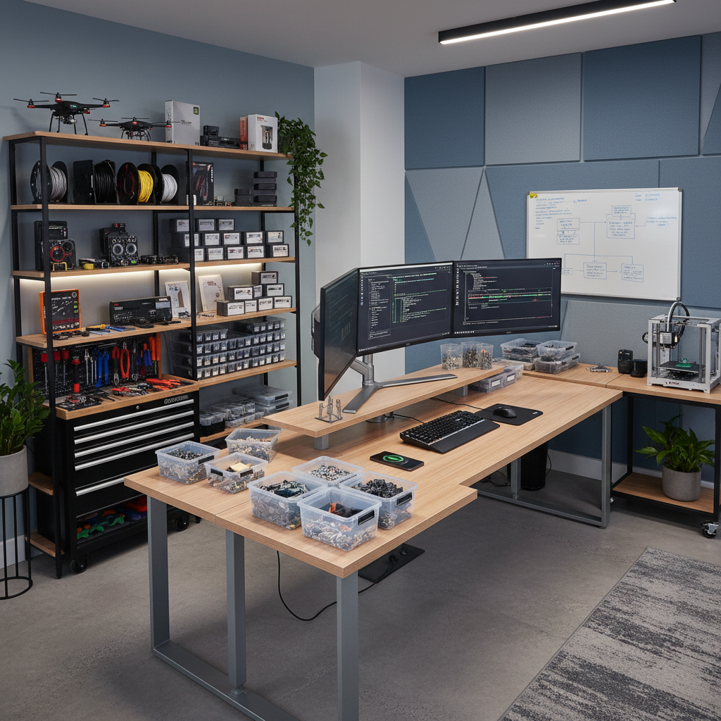IT helpdesk corner with organized gadgets, tools, spare parts, neat shelves, modern office feel