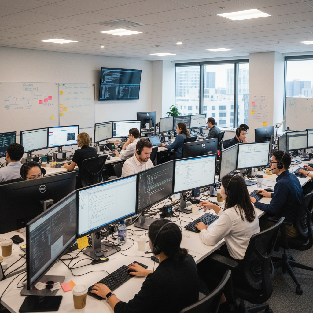 IT helpdesk team answering calls and supporting coworkers, multi-monitor desks, busy productive atmosphere.