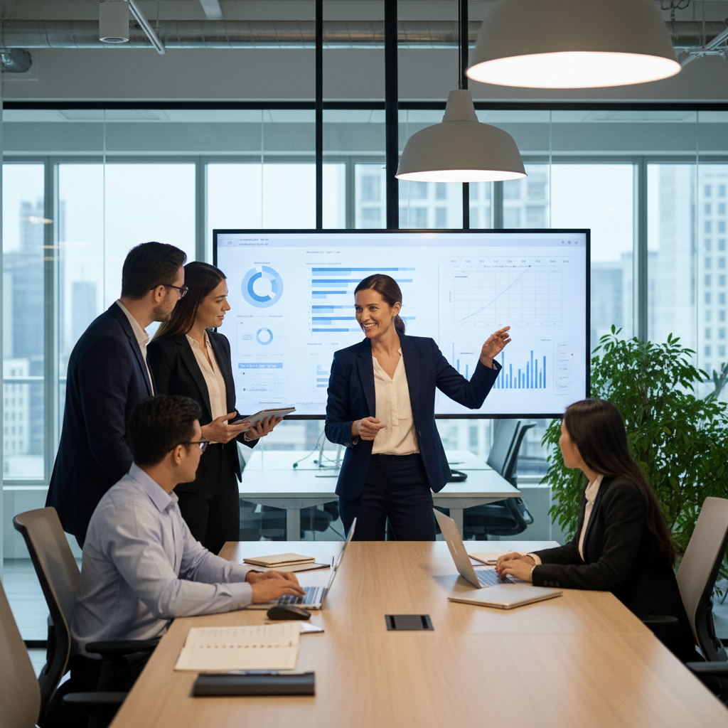 IT manager guiding team members in a modern office environment, confident leadership, collaborative discussion, professional corporate photography style