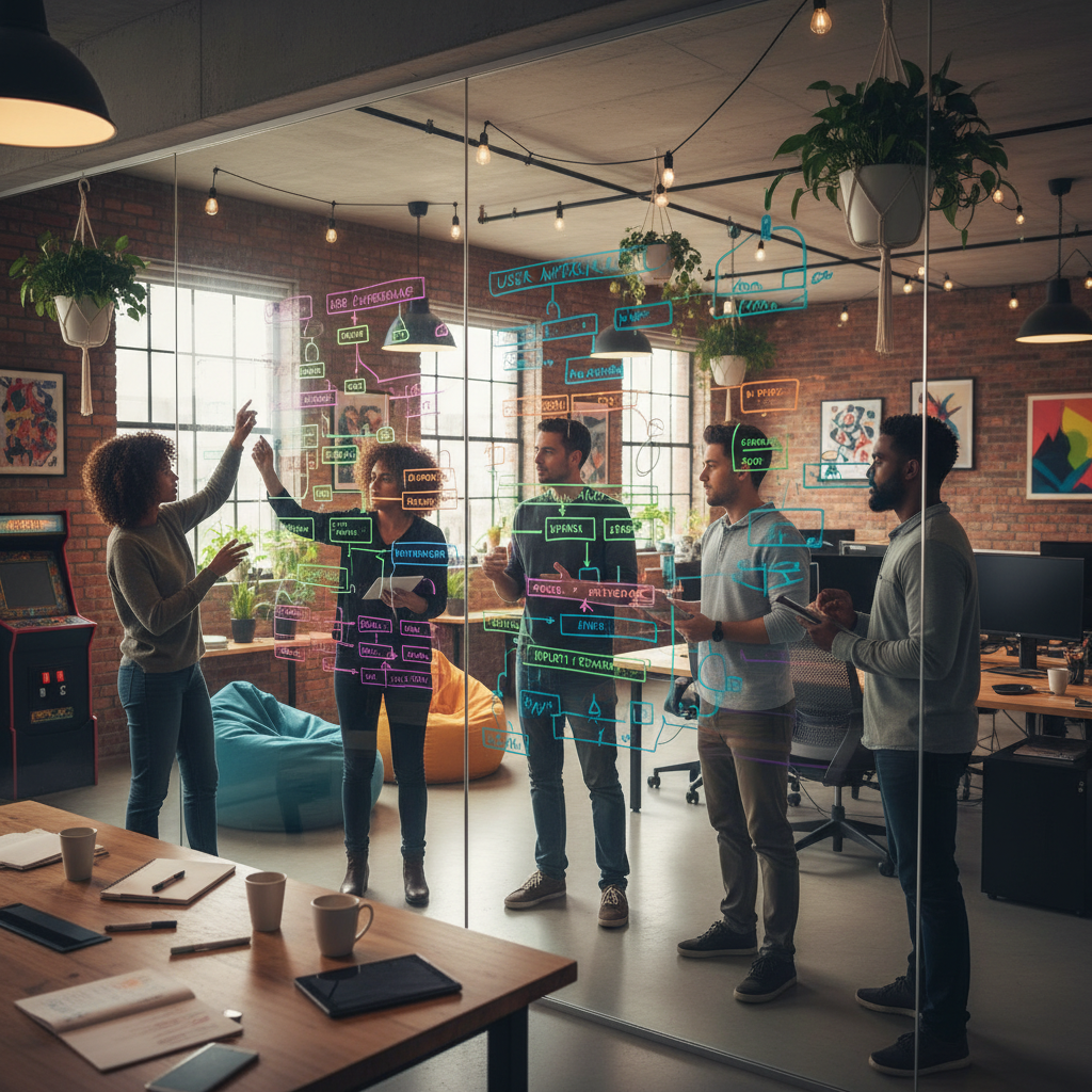 IT professionals brainstorming ideas on a glass whiteboard filled with flowcharts and diagrams, creative office setup