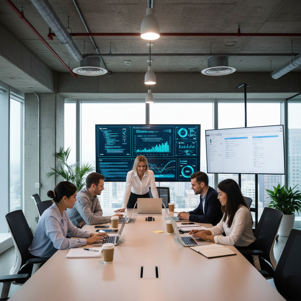 IT professionals collaborating around a conference table with laptops, digital dashboards on screens, modern office ambience, productivity vibe.