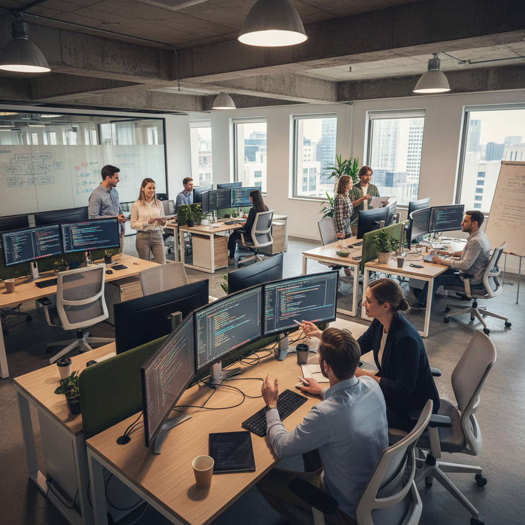 IT professionals collaborating at their desks, reviewing code on dual monitors, modern corporate office, active teamwork environment