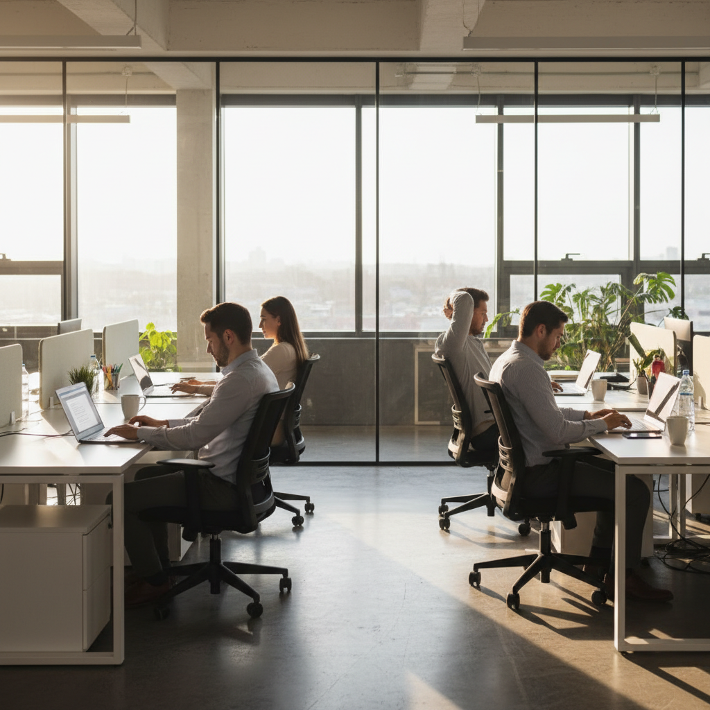 “IT professionals starting their workday in a modern office, turning on laptops, checking emails, natural morning light through large windows, calm and productive mood, realistic style”