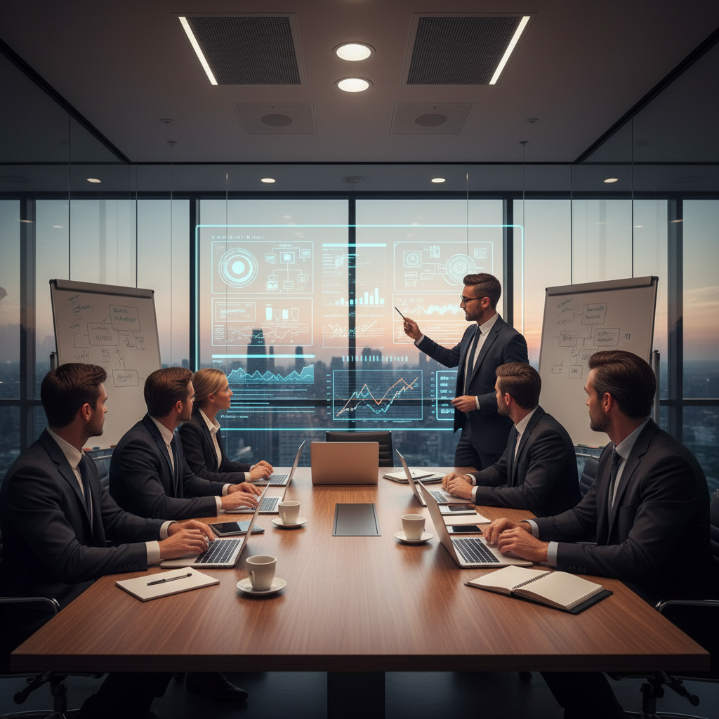 IT project meeting in glass conference room, laptops open, digital charts on wall screen, professional business look