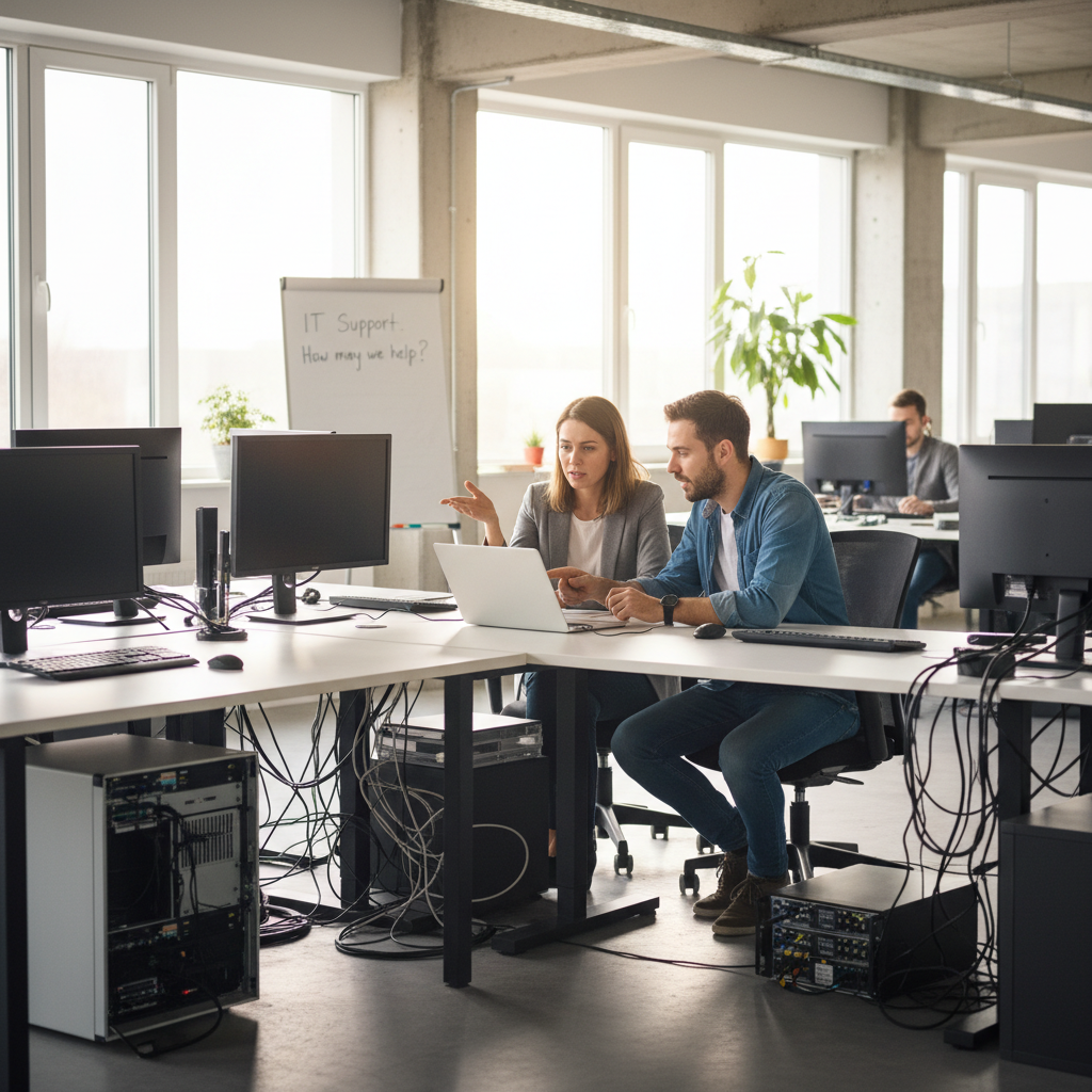 IT support engineer assisting a colleague with a laptop issue, helpdesk corner, modern office setting, natural lighting.