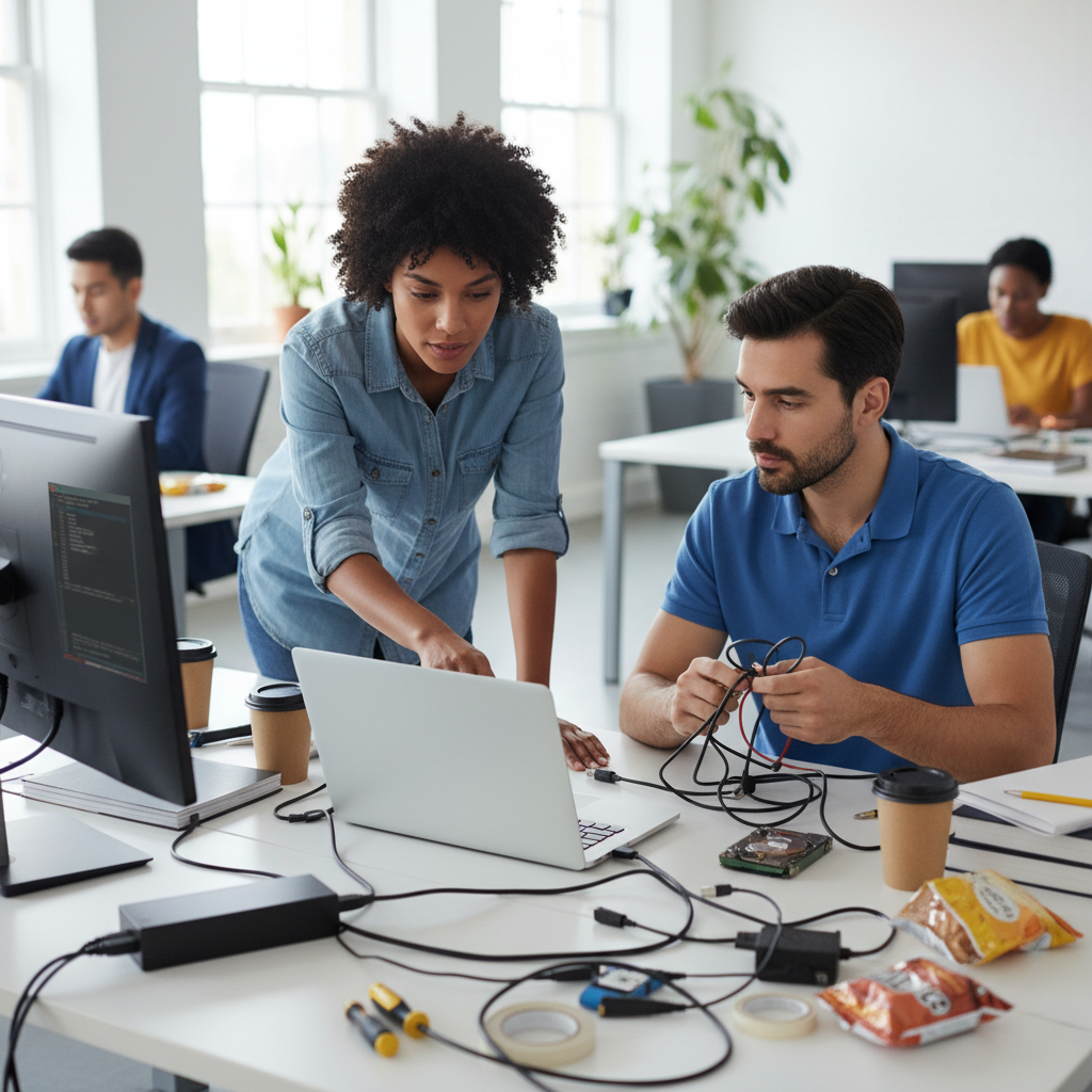 IT support engineer helping a colleague with laptop issues, tools and cables on desk, friendly office setting