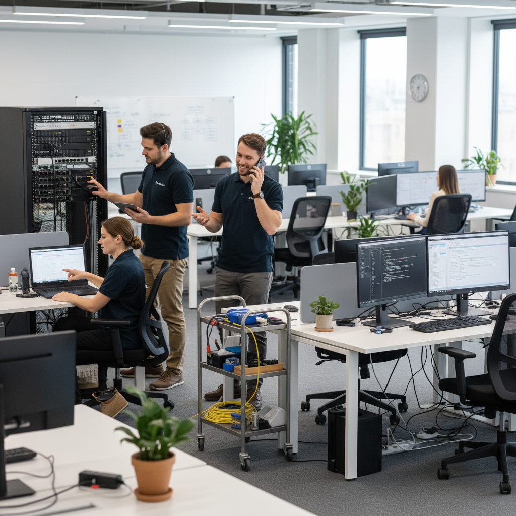 IT support team actively resolving issues, talking to employees, checking devices, organized workstation layout, corporate office environment, candid moment.