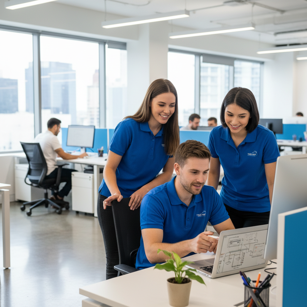 IT support team assisting an employee with a laptop issue, friendly interaction, clean corporate environment