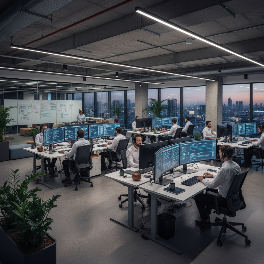 IT support team working in an open office layout, headsets on, large screens displaying data, modern tech hub.