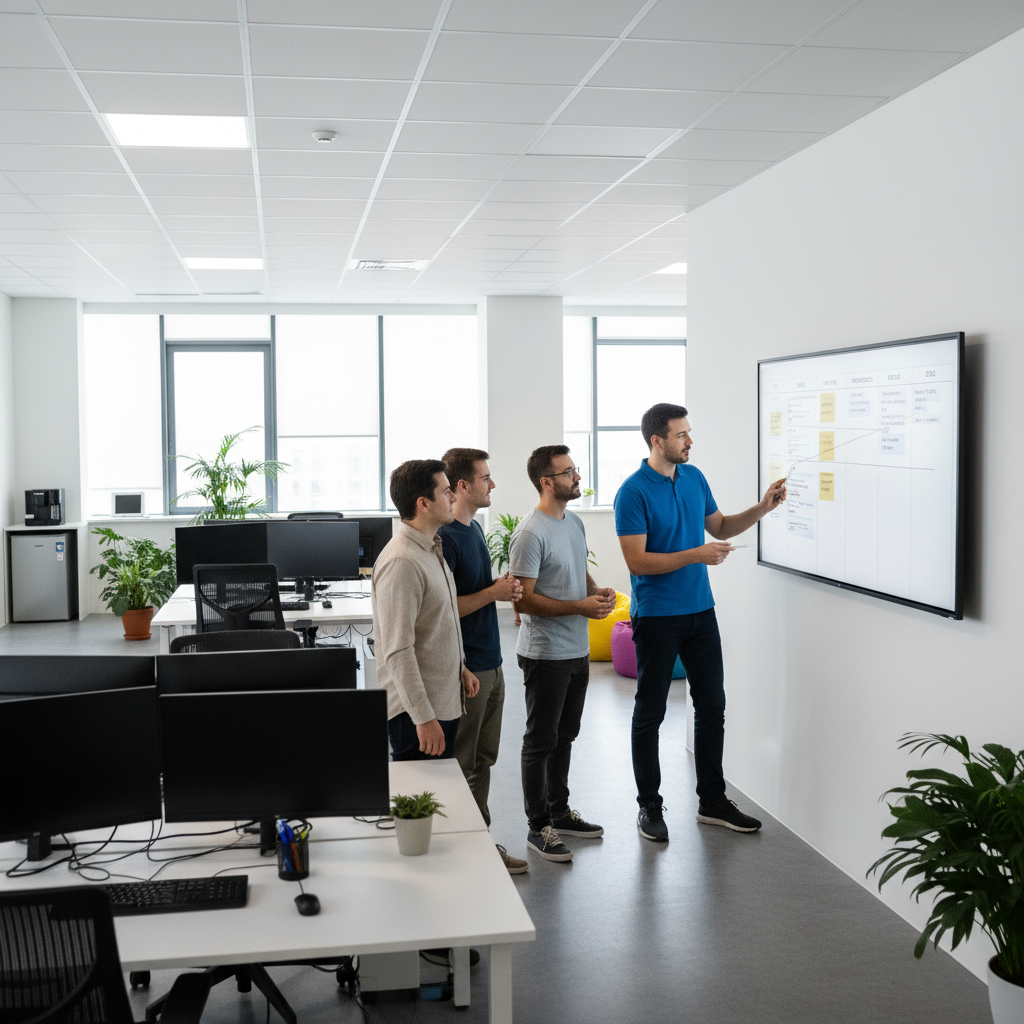 IT team conducting a stand-up meeting near a whiteboard, team members discussing tasks, modern tech office, bright lighting.
