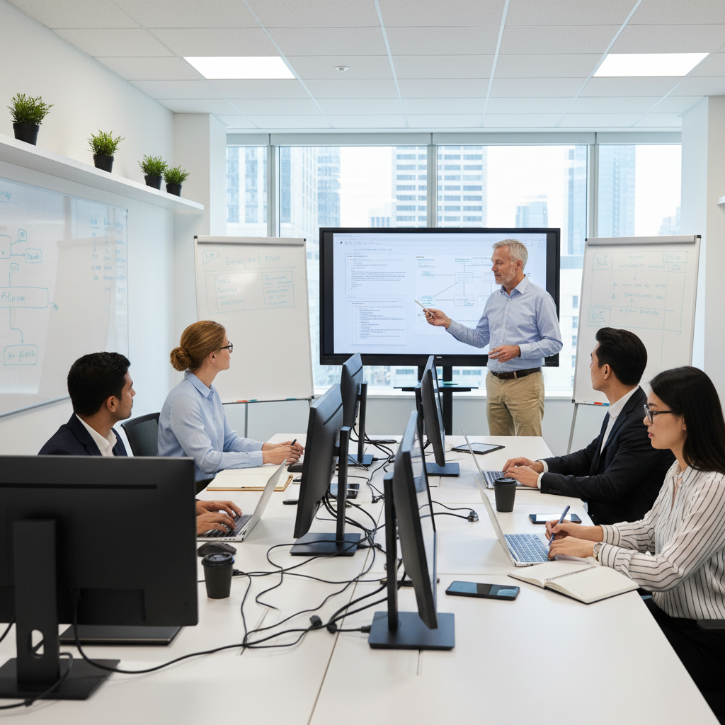IT team conducting a training session, one senior tech explaining concepts, others taking notes, classroom-style office setup