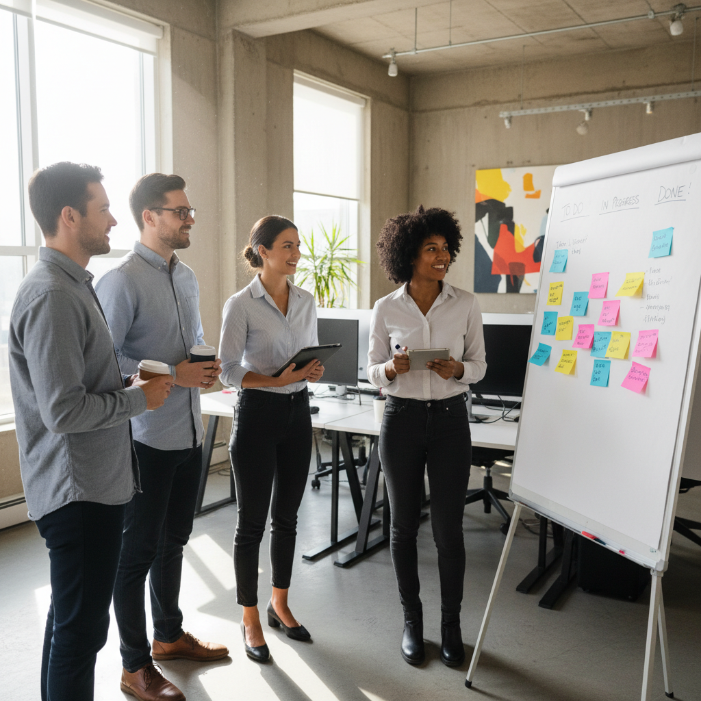 IT team standing in a short agile meeting, whiteboard with sprint tasks and sticky notes, modern startup office, natural light, teamwork atmosphere, realistic corporate photography