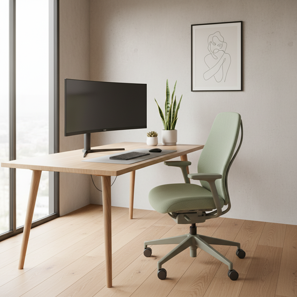 Minimalist IT desk setup with ergonomic chair, curved monitor, clean cable management, plants, soft daylight