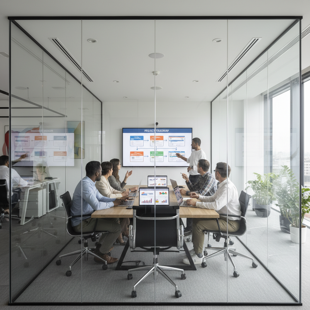 Modern IT office, diverse team in a conference room, discussing project roadmap, glass walls, laptops open, natural lighting, corporate environment.