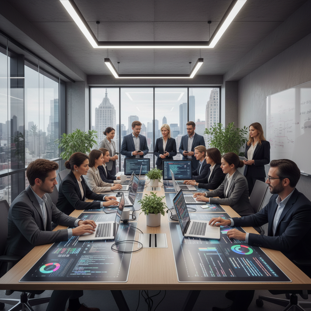 Modern IT office with diverse professionals collaborating around a large desk, laptops open, digital screens showing code and analytics, bright lighting, glass walls, professional corporate environment, realistic style, high detail