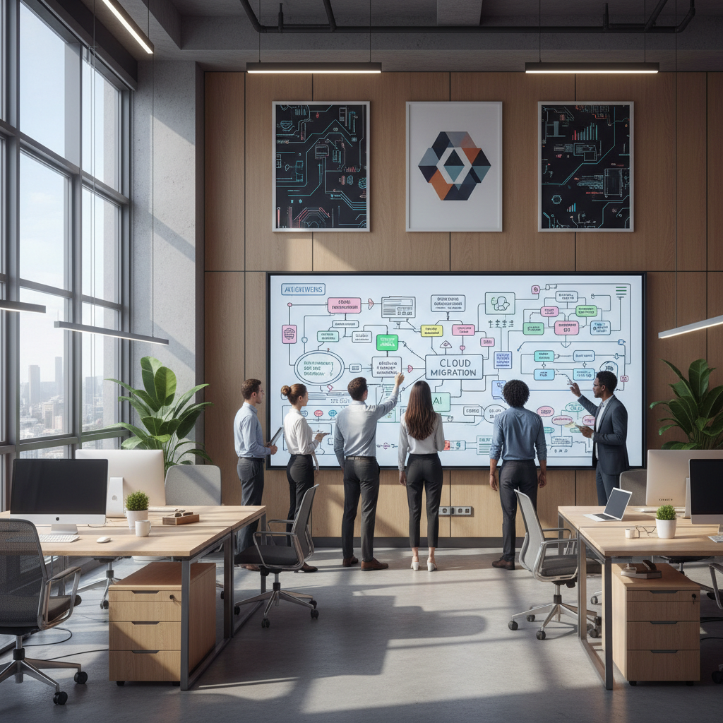 Modern IT office with employees collaborating around a large digital whiteboard, brainstorming ideas, soft natural lighting, tech posters, sleek minimal interior, ultra-realistic