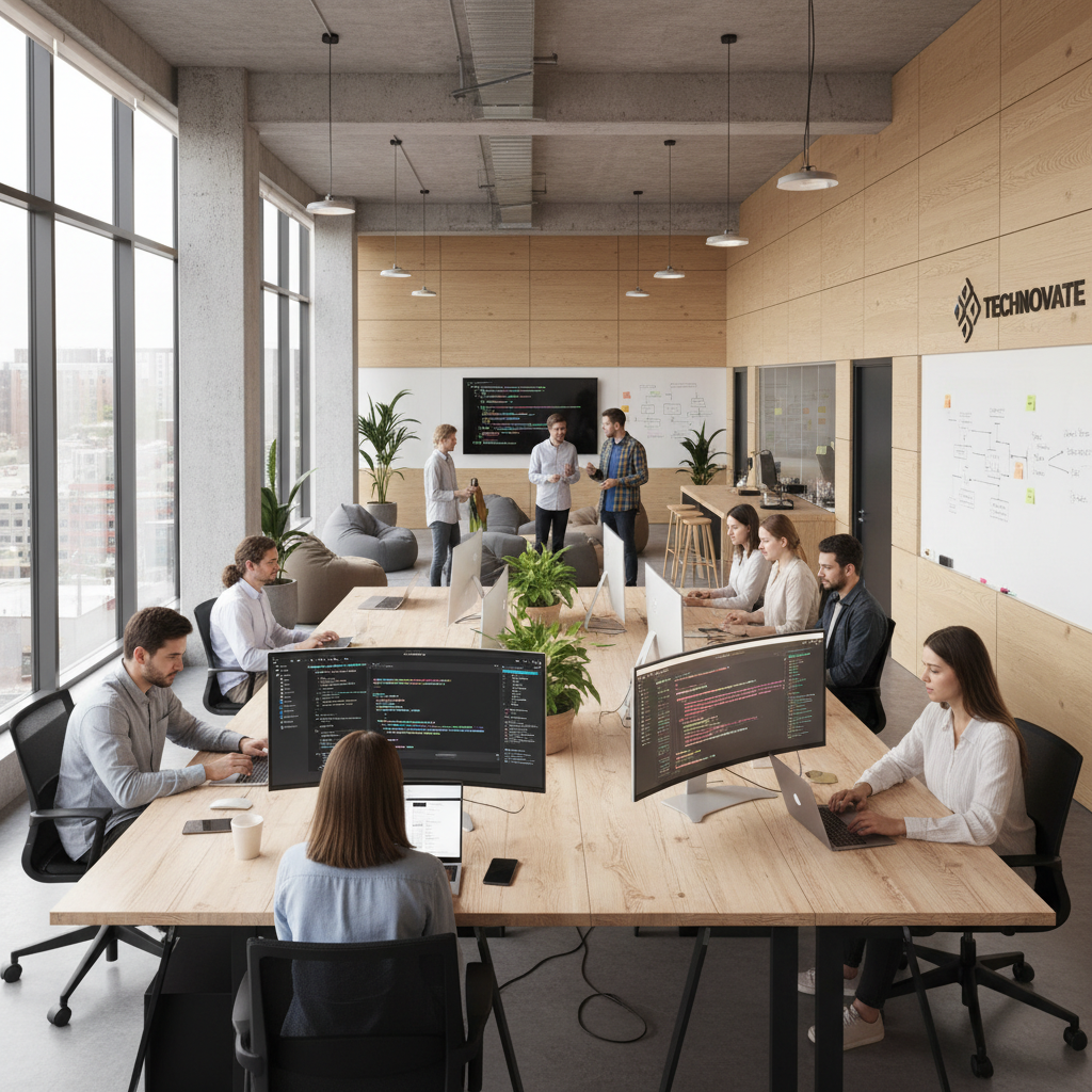 Modern IT office workspace with diverse professionals collaborating on laptops, large monitors, code screens, soft natural lighting, clean minimalistic design, tech startup environment