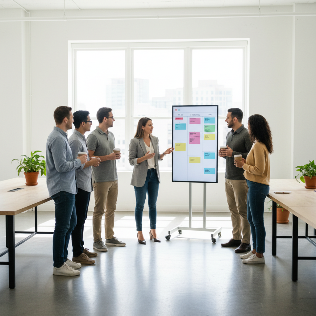Project manager conducting daily stand-up, team in a circle, agile environment, minimalistic office design