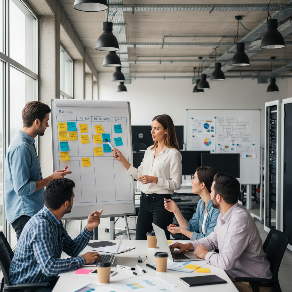 Project manager guiding developers during a sprint planning session, sticky notes on board, collaborative IT workflow