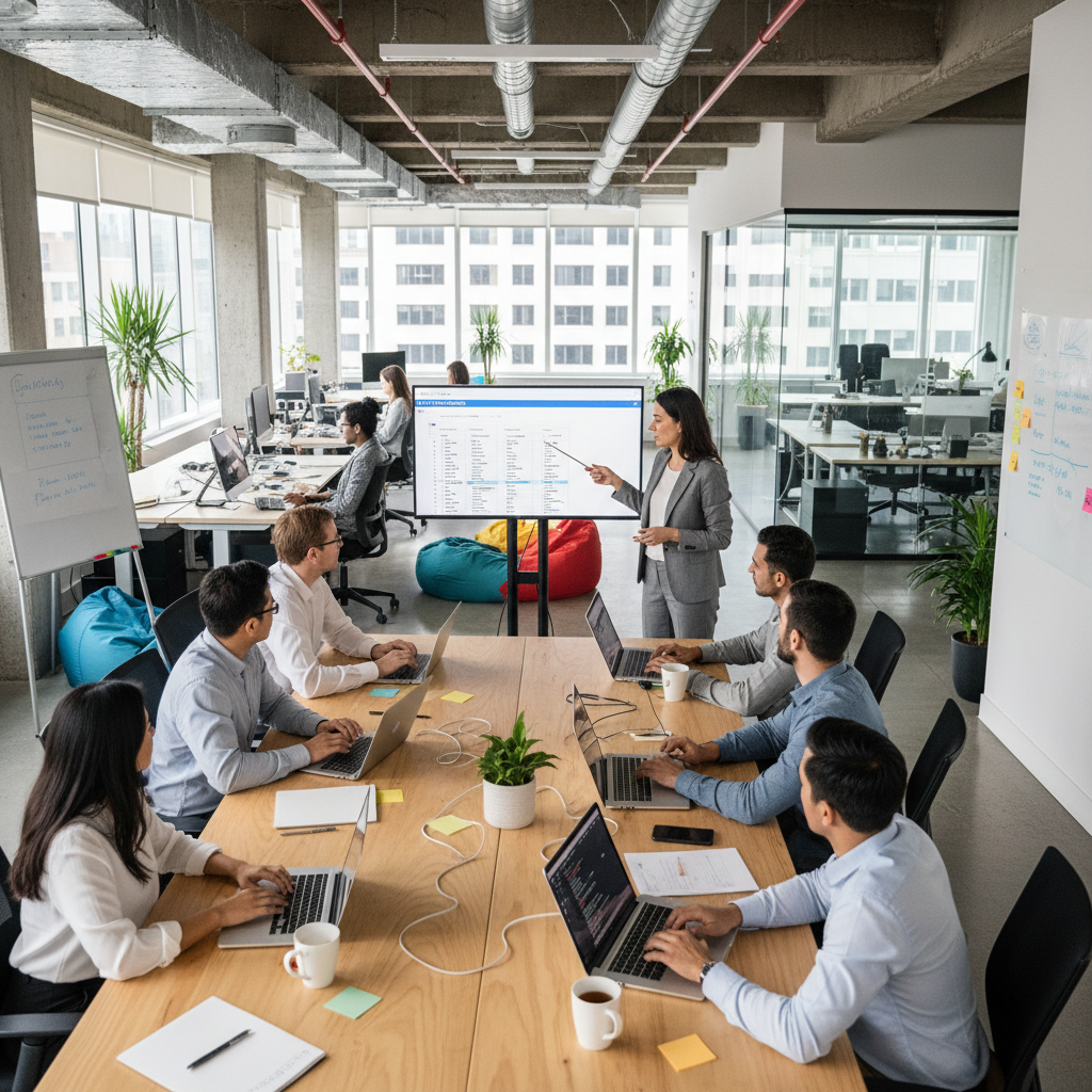 Project manager reviewing sprint progress with cross-functional IT team, open-concept workspace, laptops everywhere.