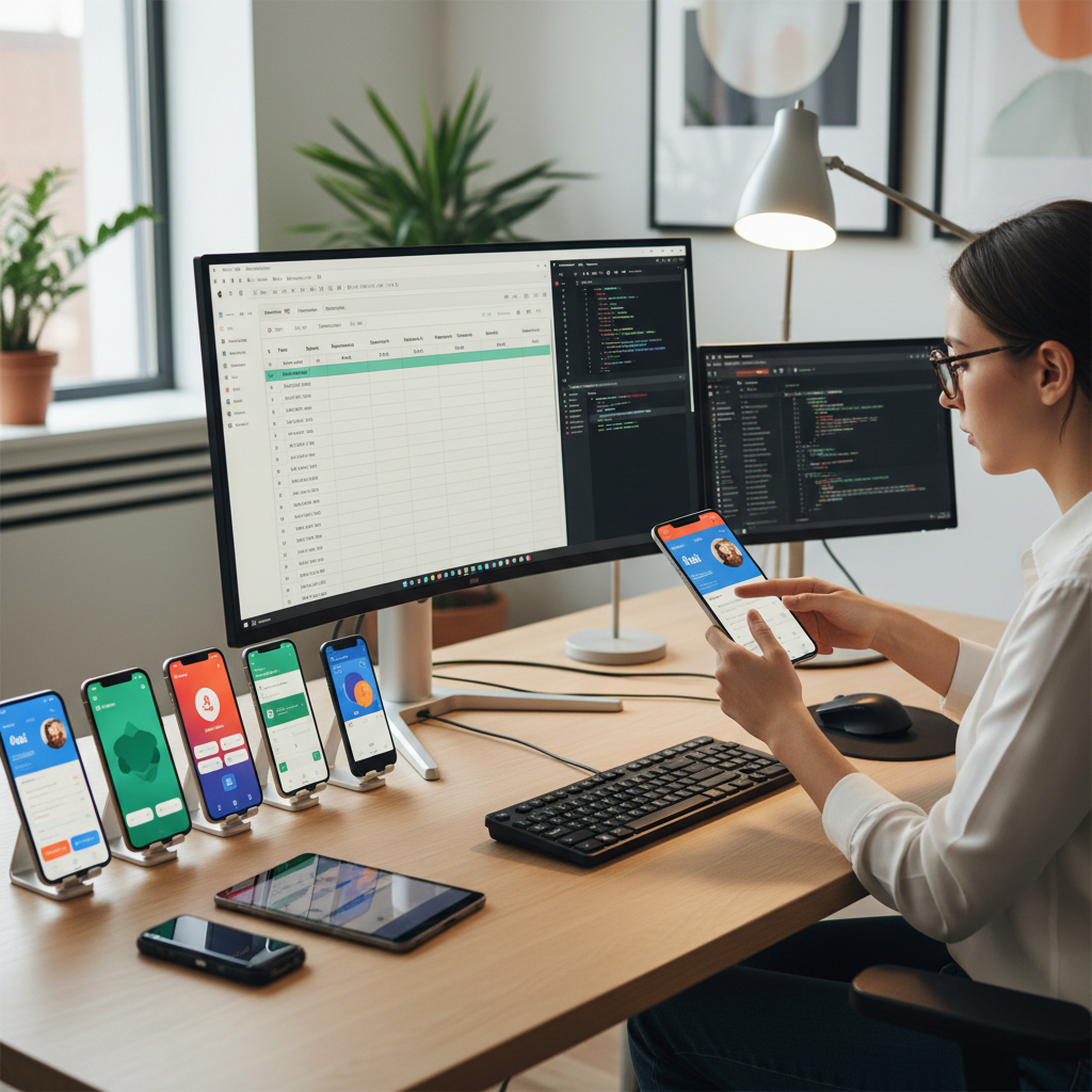 QA engineer testing mobile app on multiple devices, test cases on monitor, clean tech desk setup.