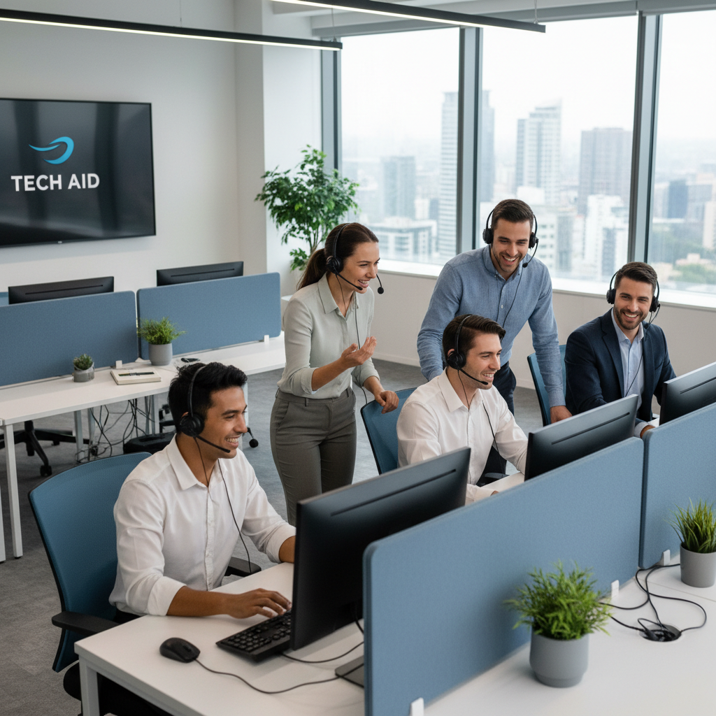 Smiling IT support team working on computers with headsets, clean corporate office background, professional helpdesk vibe