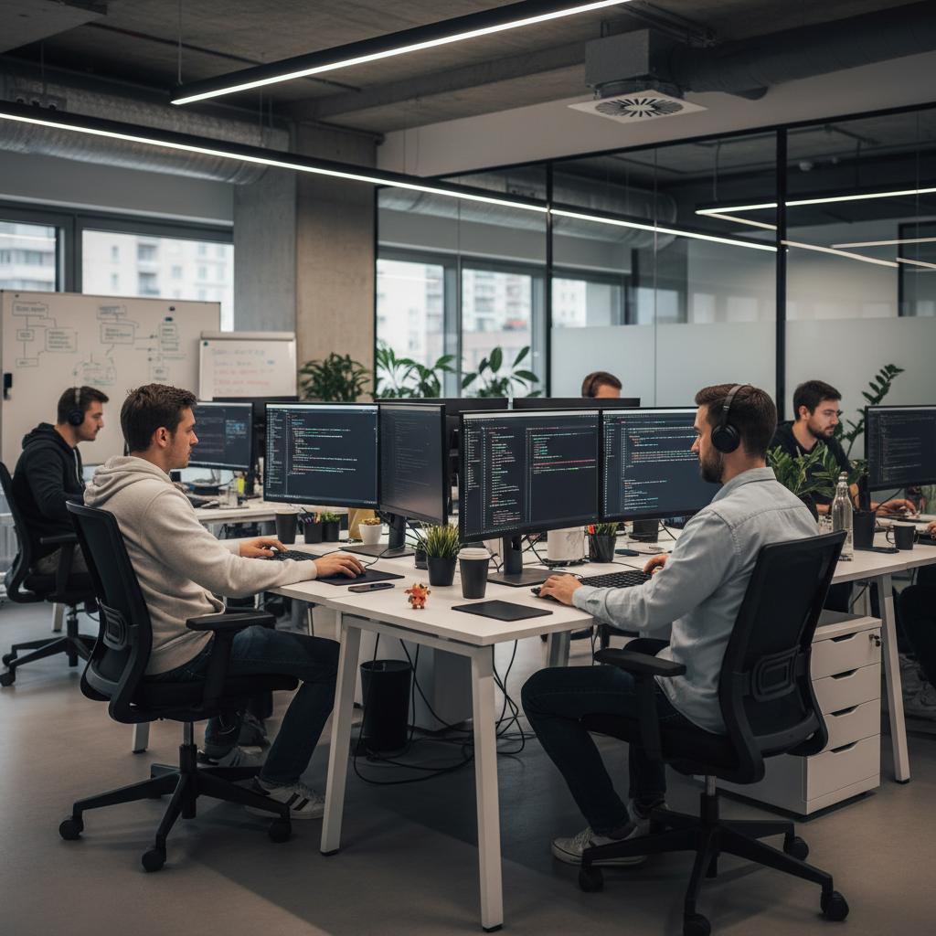 Software developers working in a tech office, dual monitors displaying code, focused expressions, casual professional attire, modern workspace, clean desks, realistic photography style, 4K resolution