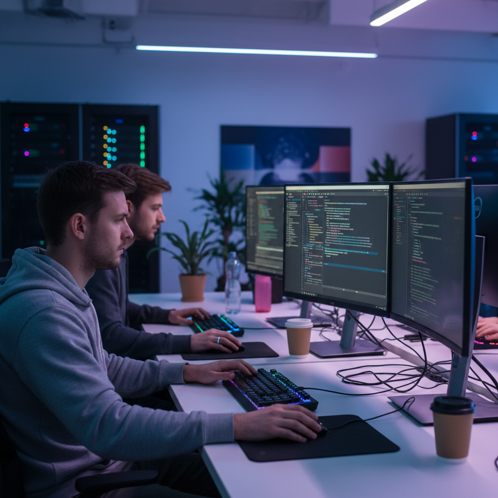 Software engineers coding intensely on dual monitors, dark theme IDE, tech office ambience, focused expressions