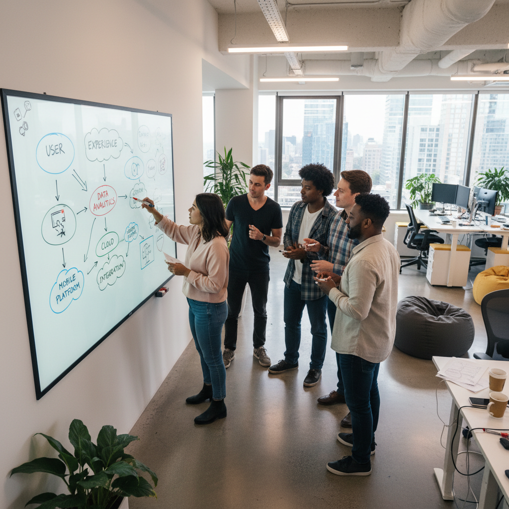 Team brainstorming on a whiteboard with diagrams and flowcharts, collaborative tech office environment