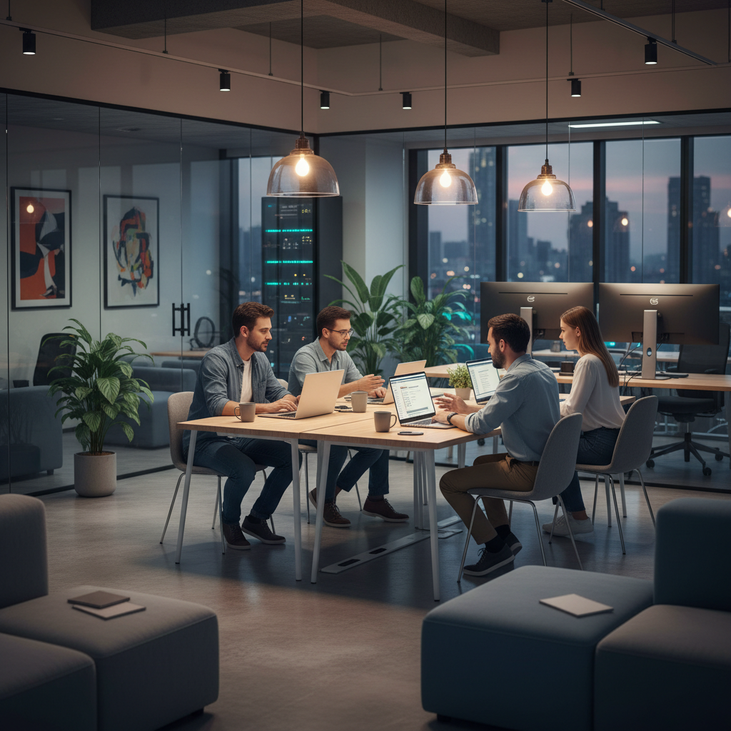 Team of IT professionals collaborating on laptops in a sleek office, warm lighting, modern furniture, tech-focused atmosphere