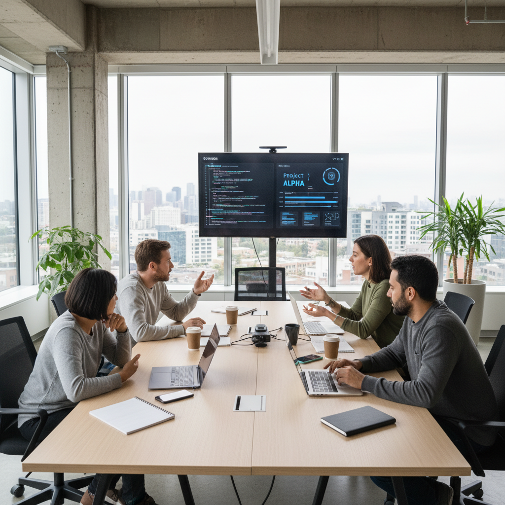 Team of developers discussing project tasks around a meeting table, laptops open, digital charts on screen, bright IT office