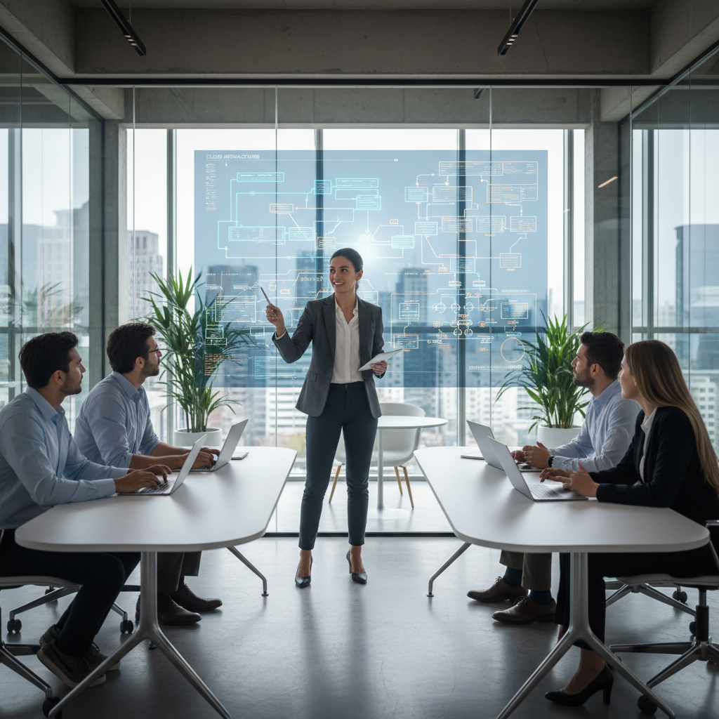 Technical lead presenting architecture diagrams on a digital board, attentive IT team members, bright corporate environment