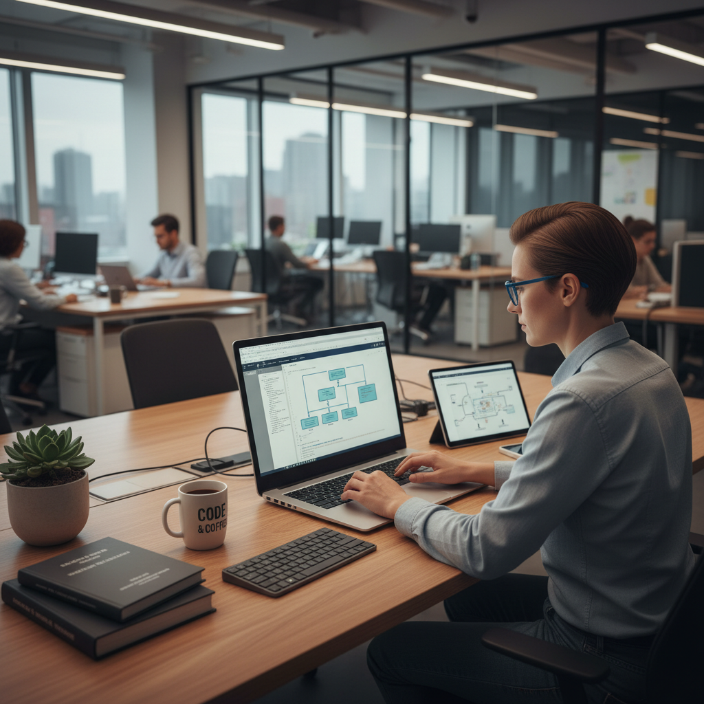 Technical writer documenting software processes on a laptop, quiet corner of an IT office, clean organized desk, realistic.