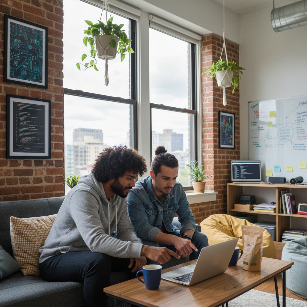 Two developers pair programming, sharing laptop, coffee mugs, casual tech office setting