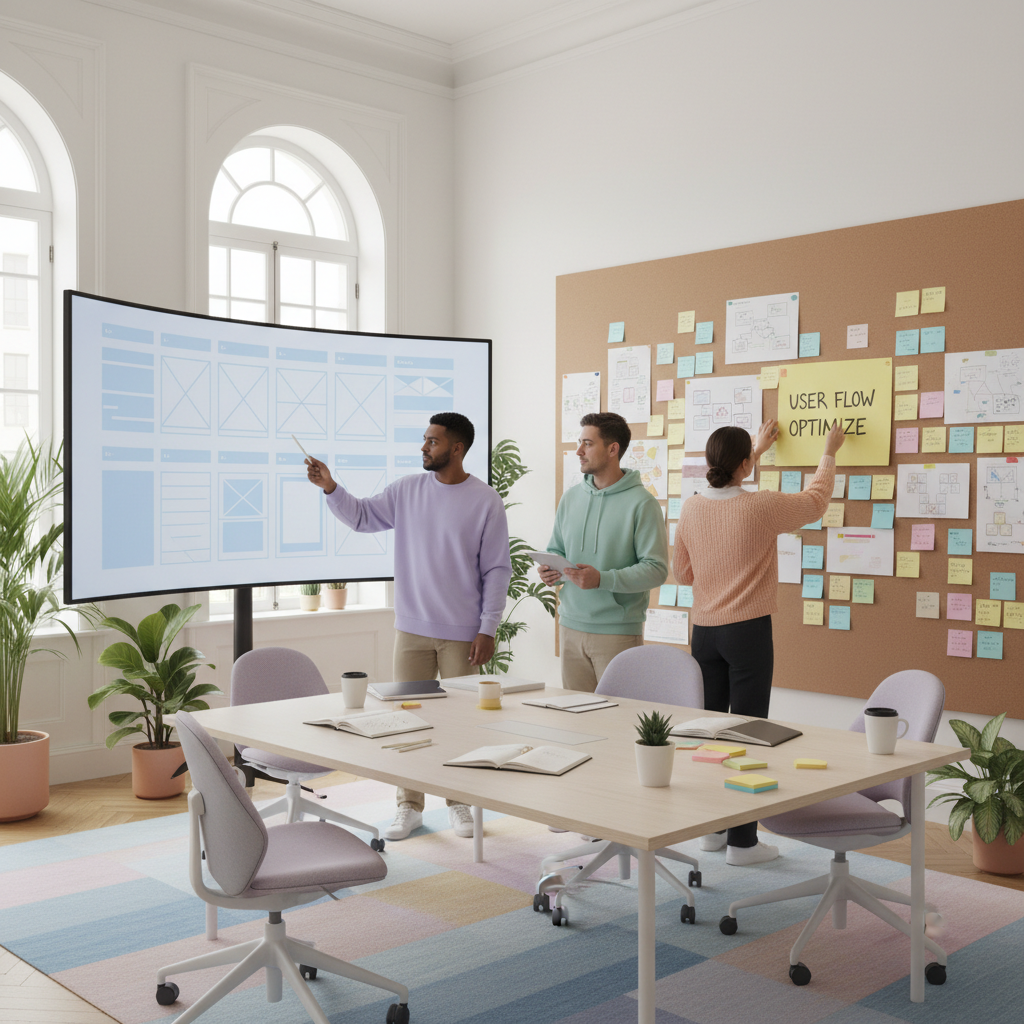 UX designers reviewing wireframes on a large screen, sticky notes on wall, creative workspace, bright pastel colors.