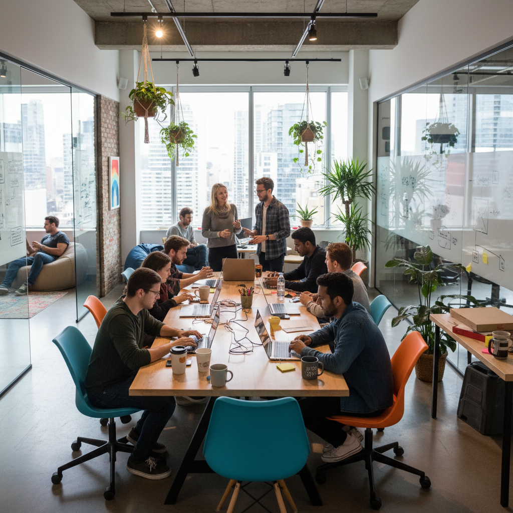 Young IT startup team working in an open office, laptops, coffee mugs, collaborative culture, modern interior design, realistic and energetic atmosphere