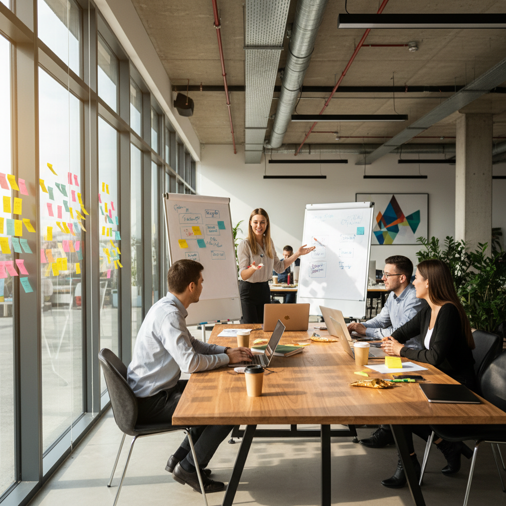 Young professionals brainstorming ideas in a modern IT office, sticky notes on glass walls, laptops and coffee cups on desk, energetic startup vibe, natural light, high realism