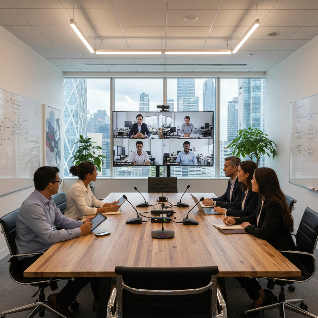 Hybrid meeting scene with employees around a conference table and remote participants on a large video screen, modern IT office.