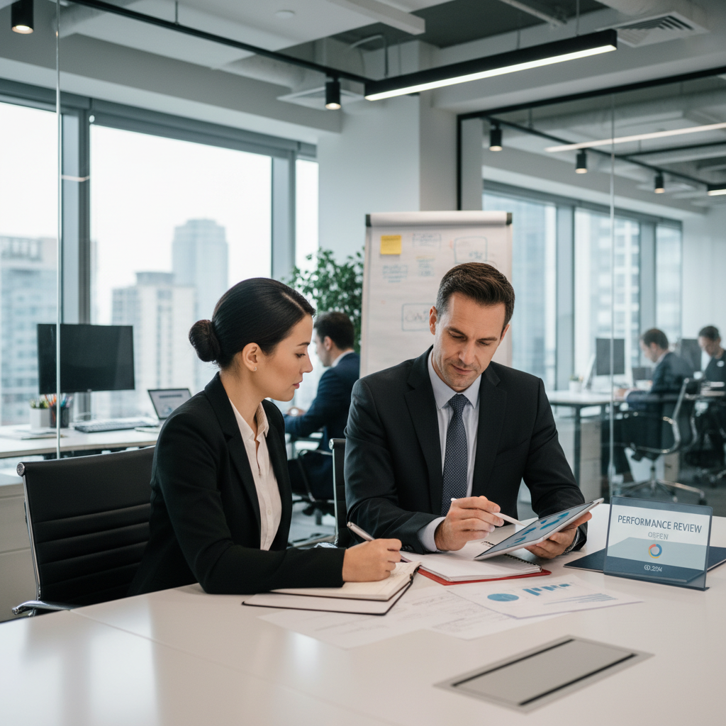 IT manager conducting performance review meeting with team member, professional corporate office.